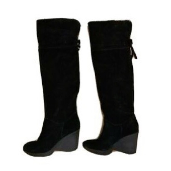 B Makowsky Black Suede Over the Knee Wedge Boots SZ 8M - Picture 2 of 10